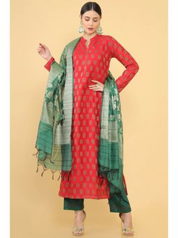 Soch - Red And Green Chanderi Unstitched Dress Material With Woven Designs - 3 Meter Kurta Fabric