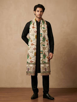MUFFLY - Men Off White Embroidered Silk Dupatta