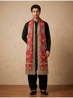 MUFFLY - Men Maroon Embroidered Silk Dupatta