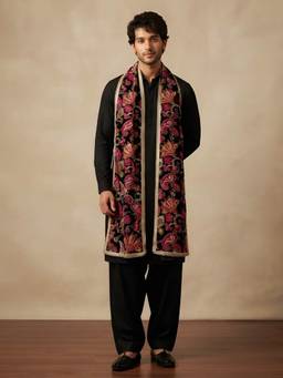 MUFFLY - Men Black Floral Silk Dupatta