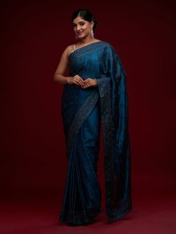 Koskii - Navy Blue Swarovski Art Silk Designer Saree with Unstitched Blouse