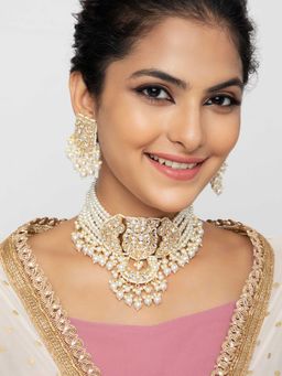 Indya - Gold White Beaded Kundan Encrusted Maangtika Earring and Necklace (Set of 3)