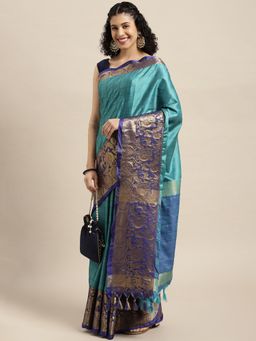 Vastranand - Teal Woven Design Banarasi Saree with Unstitched Blouse