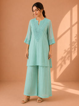 Vaaya - Aqua Blue Mul Chanderi and Lace Kurta with Palazzo