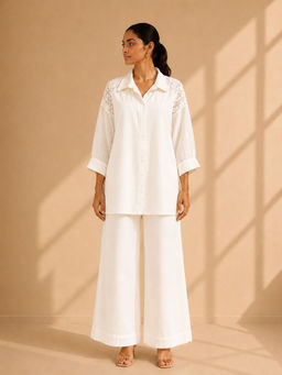 Vaaya - White Mul Chanderi And Lace Full Sleeves Shirt