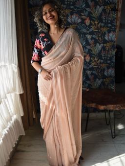 Suta - Beige Solid Cotton Modal Blend Saree With Tasseled Pallu and Without Blouse