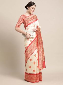 Akhilam - Women Silk Blend Off White Printed Designer Saree with Unstitched Blouse