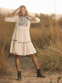 NYARO - Natural Cotton Slub Embroidered Dress