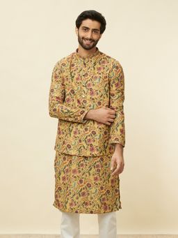 Manyavar - Men Mustard Blended Viscose Floral Printed Nehru Jacket