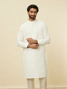 Manyavar - Men Cream Linen Solid Kurta