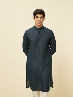 Manyavar - Men Navy Blue Linen Checks Kurta