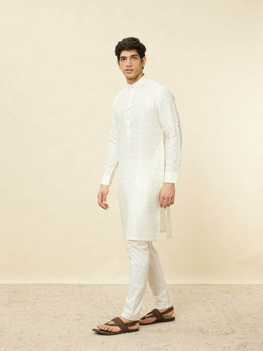 Manyavar Men Warm White Linen Solid Kurta