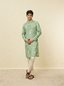 Manyavar - Men Green Blended Viscose Floral Printed Kurta