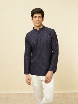 Manyavar - Men Navy Blue Cotton Embroidered Short Kurta