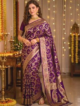 Hella Fashions - Women Wine Silk Blend Saree with Unstitched Blouse Piece