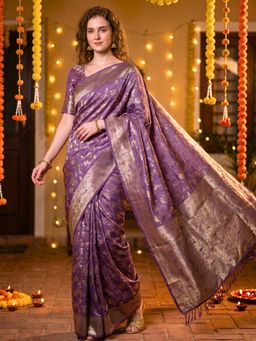 Hella Fashions - Women Lavender Silk Blend Saree with Unstitched Blouse Piece