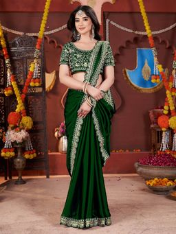 PMD FASHION - Women Green Silk Blend Saree with Unstitched Blouse Piece