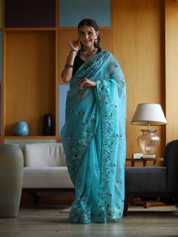 Odette - Aqua Blue Organza Embroidery Saree with Unstitched Blouse