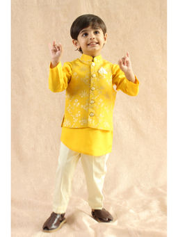 TIBER TABER - Boy Inayat Brocade Bundi Jacket with Kurta & Pant - Yellow (Set of 3)