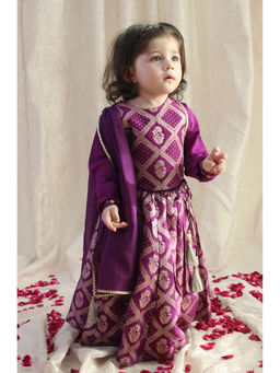 TIBER TABER - Girl Regal Brocade Lehenga with Blouse & Dupatta - Purple (Set of 3)