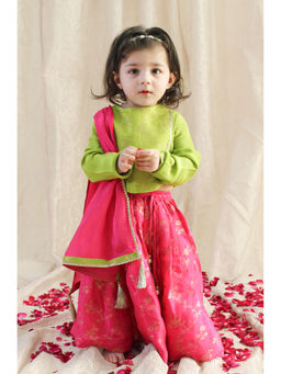 TIBER TABER - Girl Blossom Glow Lehenga with Blouse & Dupatta - Green (Set of 3)