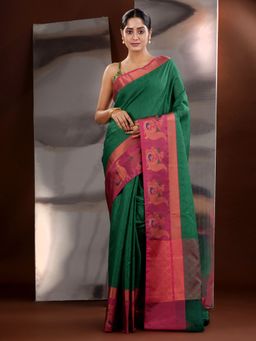 CHARUKRITI - Green Tanchoi Zari Handwoven Saree with Unstitched Blouse
