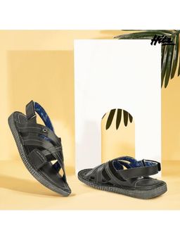 Hitz - Men's Black Leather Open Toe Sandals with Velcro Closure