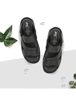 Hitz - Men's Black Leather Open Toe Comfort Sandals with Velcro Closure