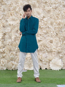 Runit Gupta - Bluesmocking Short Kurta-tuxedo Shirt (Set of 2)