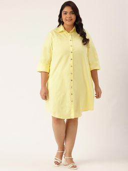 theRebelinme - Plus Size Womens Lime Yellow Solid Color Cotton Shirt Dress