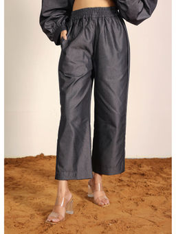 Kaori By Shreya - Black Solid Cotton Denim Wide Leg Relaxed Trousers