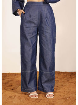 Kaori By Shreya - Blue Solid Cotton Denim Wide Leg Relaxed Trousers
