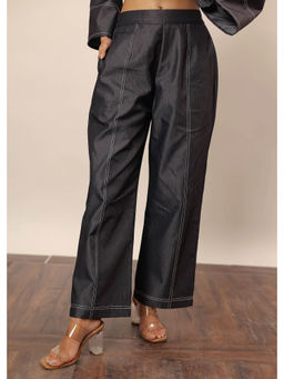 Kaori By Shreya - Black Solid Cotton Denim Straight Trousers