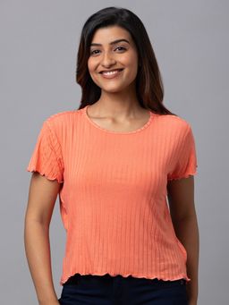 Globus - Women Coral Solid Round Neck Casual Regular Fit Crop Top