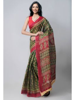 Unnati Silks - Green Pure Kota With Graffiti Prints Cotton Saree with Unstitched Blouse