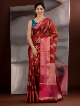 CHARUKRITI - Brick Red Cotton Silk Handwoven Saree with Unstitched Blouse