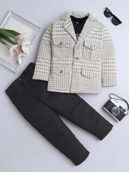 FOURFOLDS - Boys Beige Printed Blazer with T-shirt and Pant