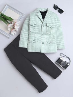 FOURFOLDS - Boys Green Printed Blazer with T-shirt and Pant