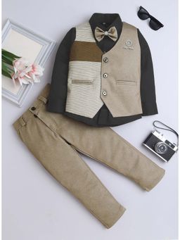FOURFOLDS - Boys Brown Stripes Waistcoat with Shirt, Pant and Bow