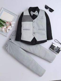 FOURFOLDS - Boys Grey Stripes Waistcoat with Shirt, Pant and Bow
