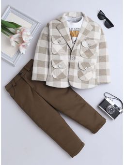 FOURFOLDS - Boys Brown Checks Blazer with T-shirt and Pant
