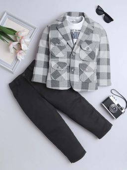 FOURFOLDS - Boys Grey Checks Blazer with T-shirt and Pant