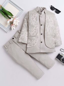 FOURFOLDS - Boys Grey Embroidered Sherwani with Waistcoat and Pant