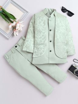 FOURFOLDS - Boys Green Embroidered Sherwani with Waistcoat and Pant
