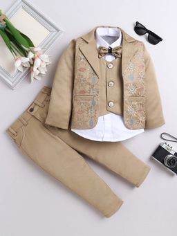 FOURFOLDS - Boys Tan Embroidered Blazer with Shirt, Pant and Bow