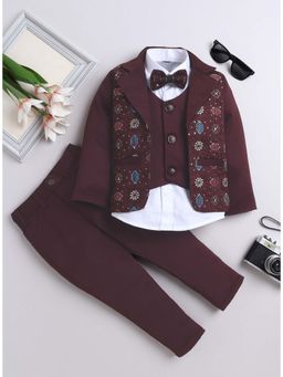 FOURFOLDS - Boys Wine Embroidered Blazer with Shirt, Pant and Bow