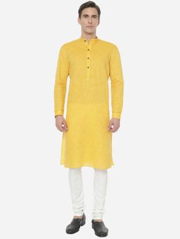JB Studio - Men Sunshine Yellow Cotton Regular Fit Self-Textured Modi Kurta