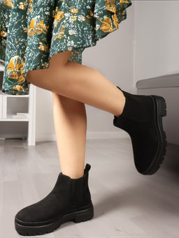 ELLE - Black Slip On Mid Top Women Chelsea Boots