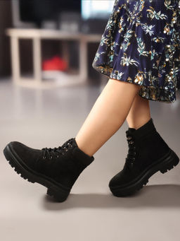 ELLE - Black Lace-Ups Mid Top Women Casual Boots