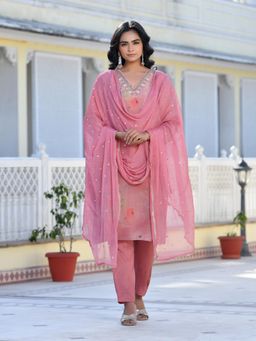 Vaasva Jaipur - Women Pink Viscose Tissue Digital Printed Kurta with Pant and Dupatta (Set of 3)